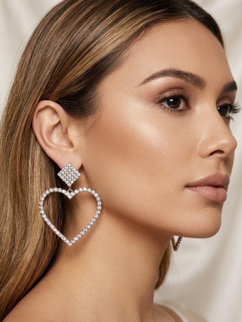 Silver Rhinestone Earring Heart Drop Earrings Crystal Statement Dangles